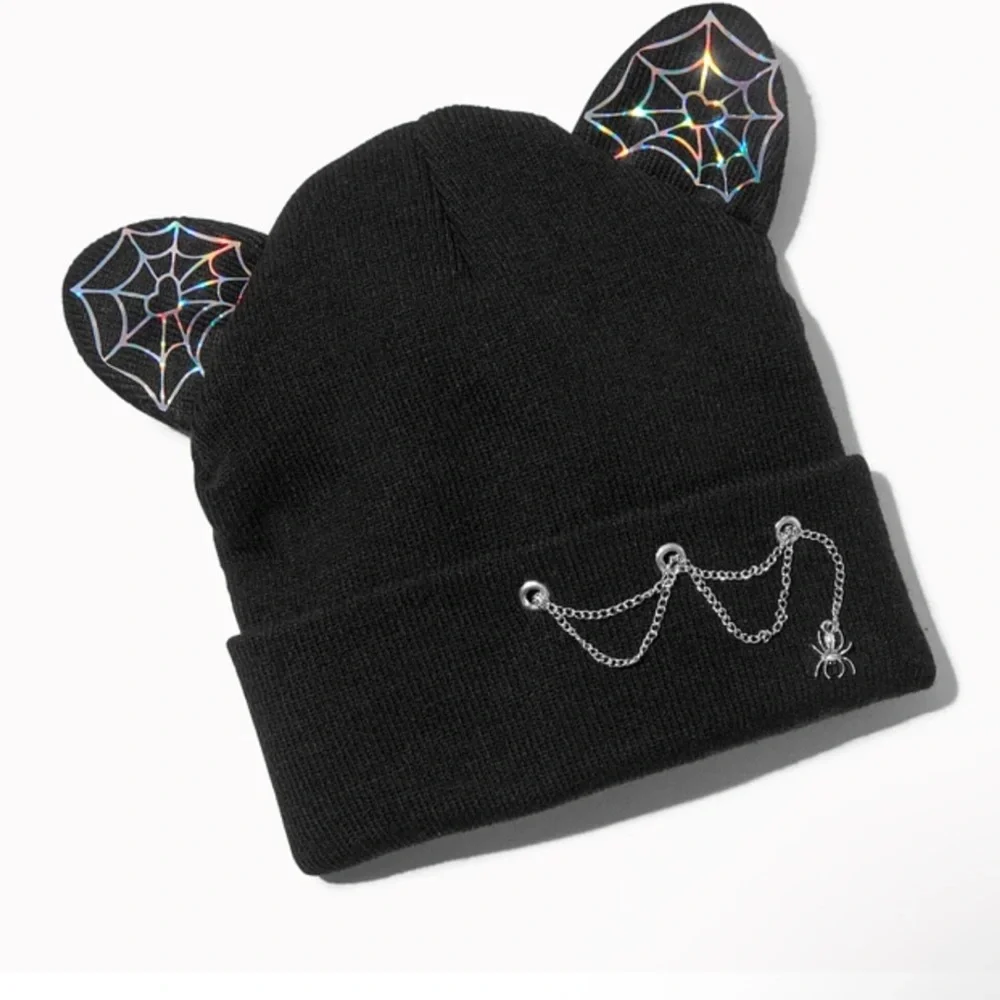 ⭐️3/$15 ⭐️BNWT Claire’s Black Cat Ear Beanie with Spider Web Design